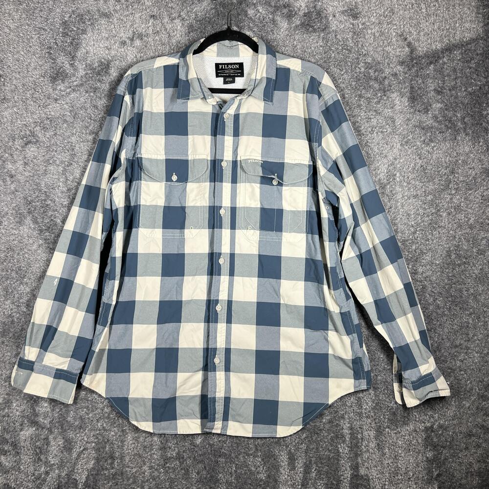 Filson Shirt Mens L Blue Check Long Sleeve Button Up Pockets Breathable